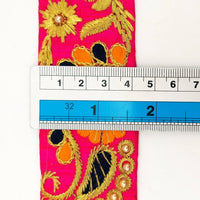 Thumbnail for Fuchsia Pink Art Silk Lace Trim, Floral Embroidery in Orange, Black and Gold