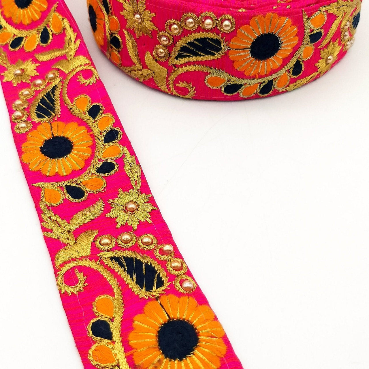 Fuchsia Pink Art Silk Lace Trim, Floral Embroidery in Orange, Black and Gold