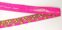 Thumbnail for Fuchsia Silk Fabric Lace Trim Floral Embroidery & Indian Stones Kundan Embellishment, Decorative Sari Trim, Floral Border Trim By Yard