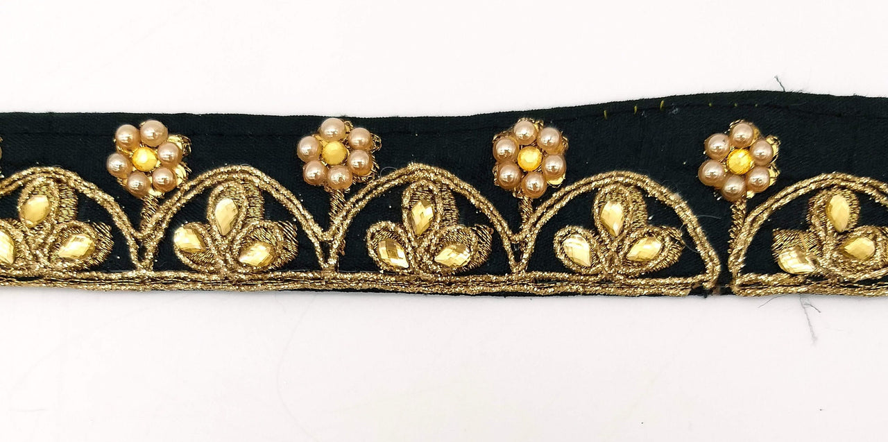 Black Silk Fabric Lace Trim Floral Embroidery & Indian Stones Kundan Embellishment, Decorative Sari Trim, Floral Border Trim By Yard