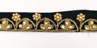 Thumbnail for Black Silk Fabric Lace Trim Floral Embroidery & Indian Stones Kundan Embellishment, Decorative Sari Trim, Floral Border Trim By Yard