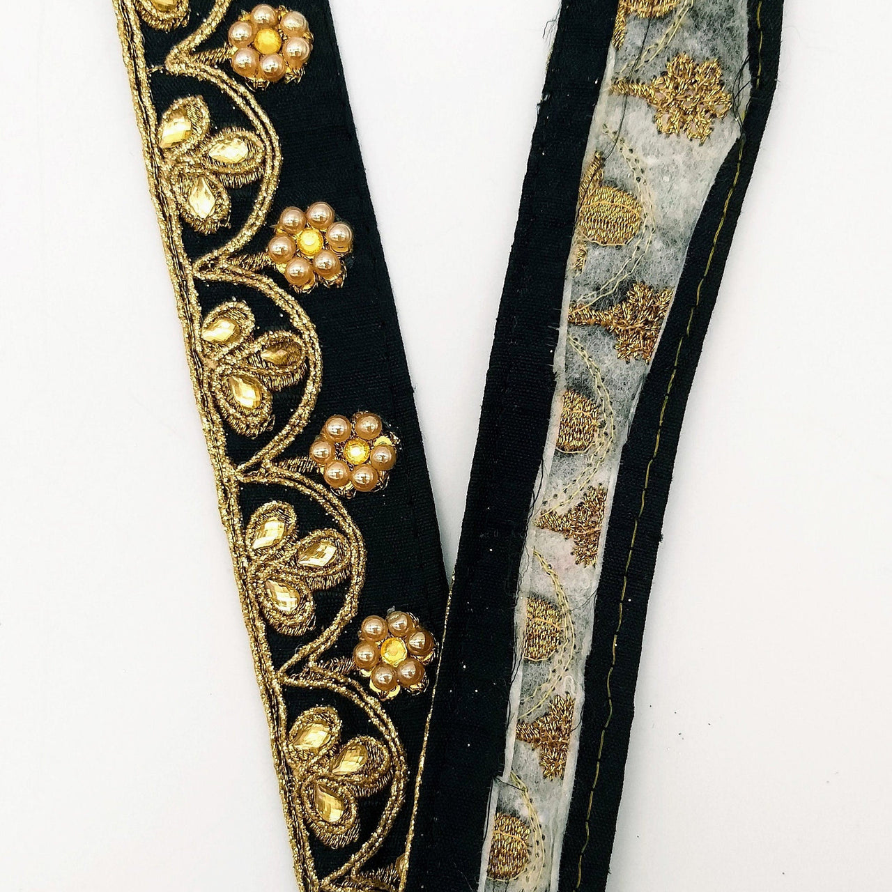 Black Silk Fabric Lace Trim Floral Embroidery & Indian Stones Kundan Embellishment, Decorative Sari Trim, Floral Border Trim By Yard