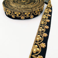Thumbnail for Black Silk Fabric Lace Trim Floral Embroidery & Indian Stones Kundan Embellishment, Decorative Sari Trim, Floral Border Trim By Yard