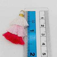 Thumbnail for White,Pink and Cerise Pink Small Cotton Tassels in Three Layers With Gold Colour Brass Loop Ring, Tassel Charms x 5