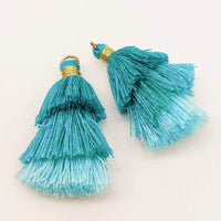 Thumbnail for Blue Small Cotton Tassels in Three Layers With Gold Colour Brass Loop Ring, Tassel Charms x 5