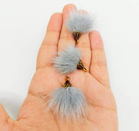 Thumbnail for Grey Artificial Feather Fur Tassel With Brass Cap in Antique Gold Colour, Tassel Charms x 2