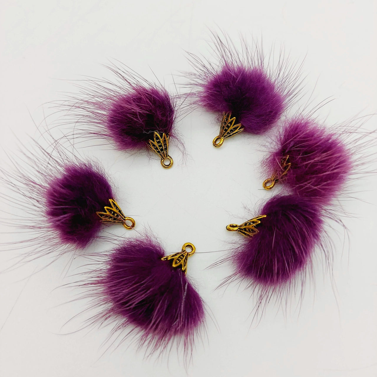 Dark Violet Artificial Feather Fur Tassel With Brass Cap in Antique Gold Colour, Tassel Charms x 2