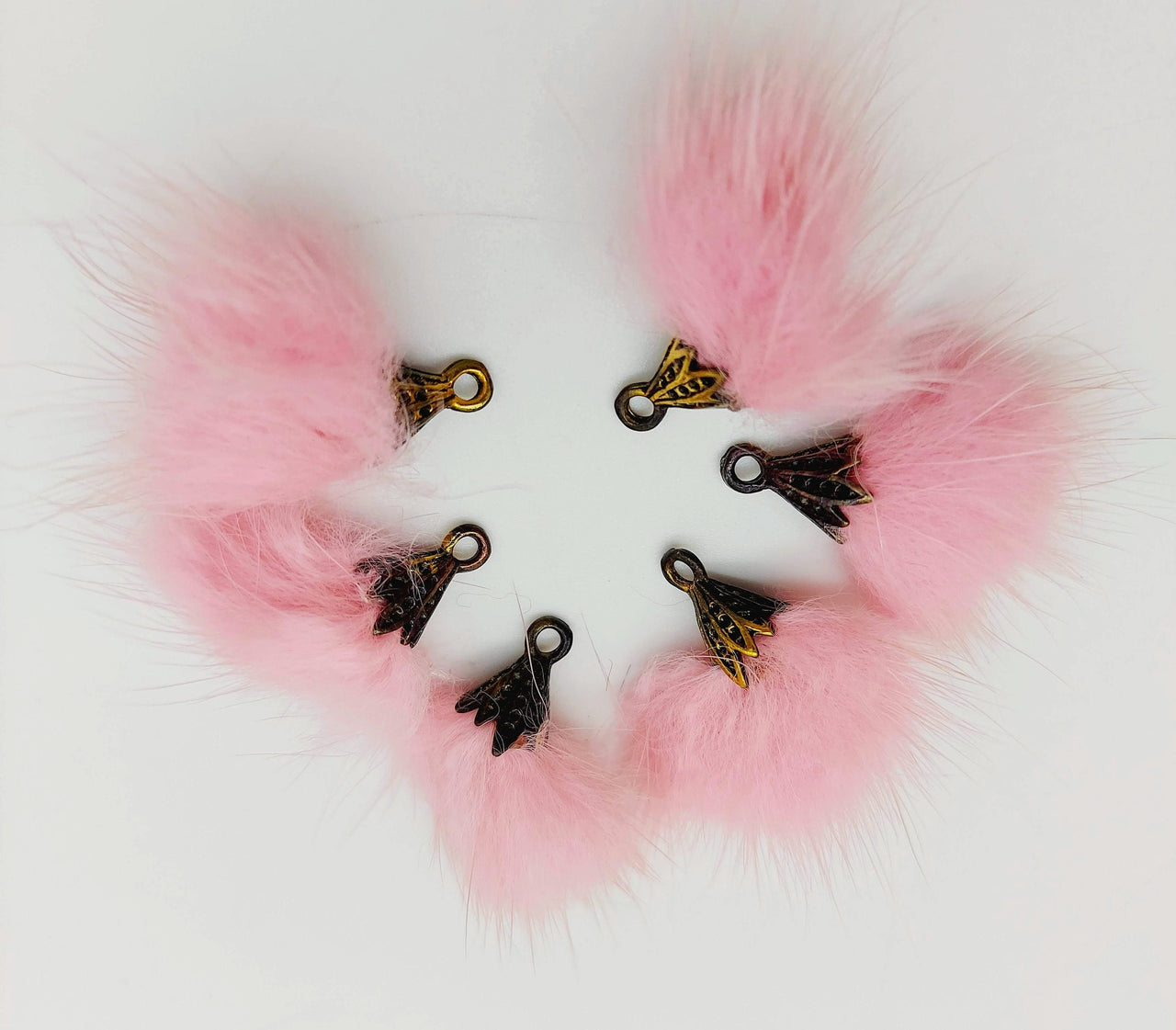 Pink Artificial Feather Fur Tassel With Brass Cap in Antique Gold Colour, Tassel Charms x 2