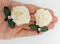 Thumbnail for Beige and Green Floral Applique with Rhinestone, Flower Motifs x 2