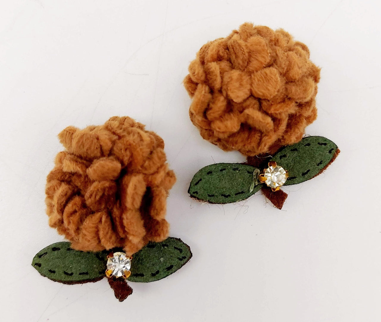 Brown and Green Floral Applique with Rhinestone, Flower Motifs x 2