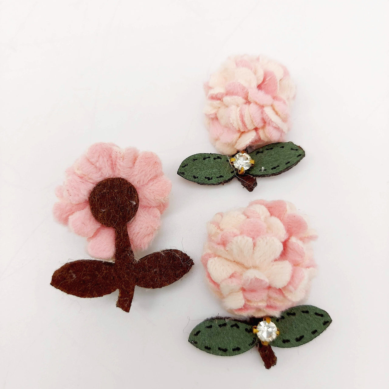 Pink and Green Floral Applique with Rhinestone, Flower Motifs x 2