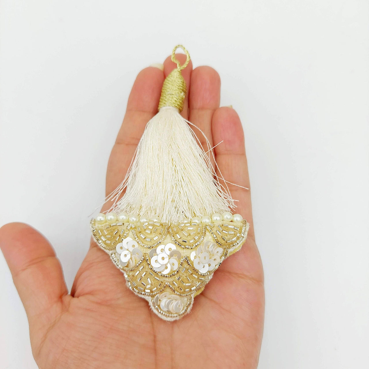 Off White Tassels In Gold and White Bead and Sequins, Indian Latkans, Blouse Latkan