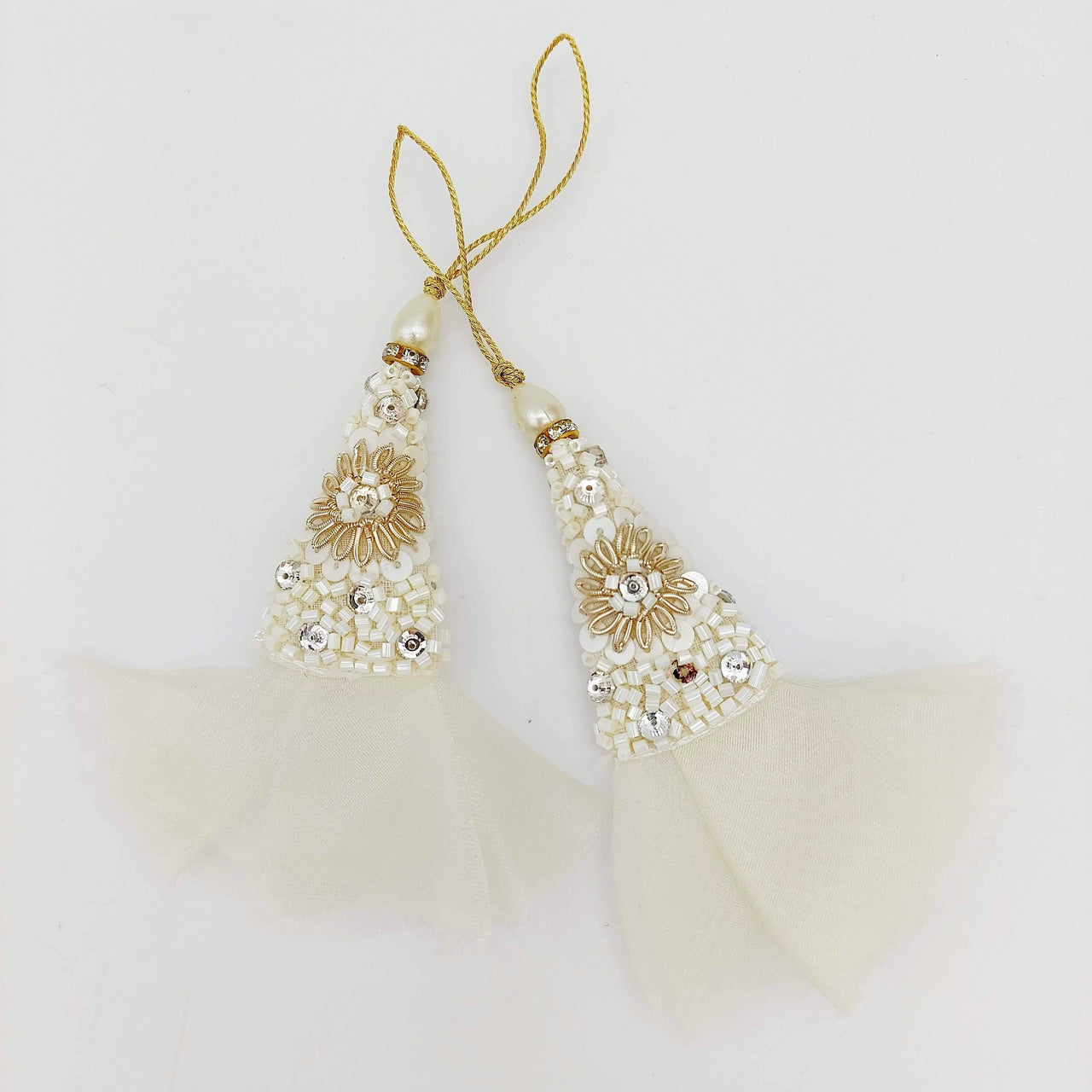 White Beaded Latkan In White Tissue Fabric and Zardozi Floral Embroidery, Indian Latkans, Blouse Latkan Sewing Latkans Bridal Tassels 1 Pair