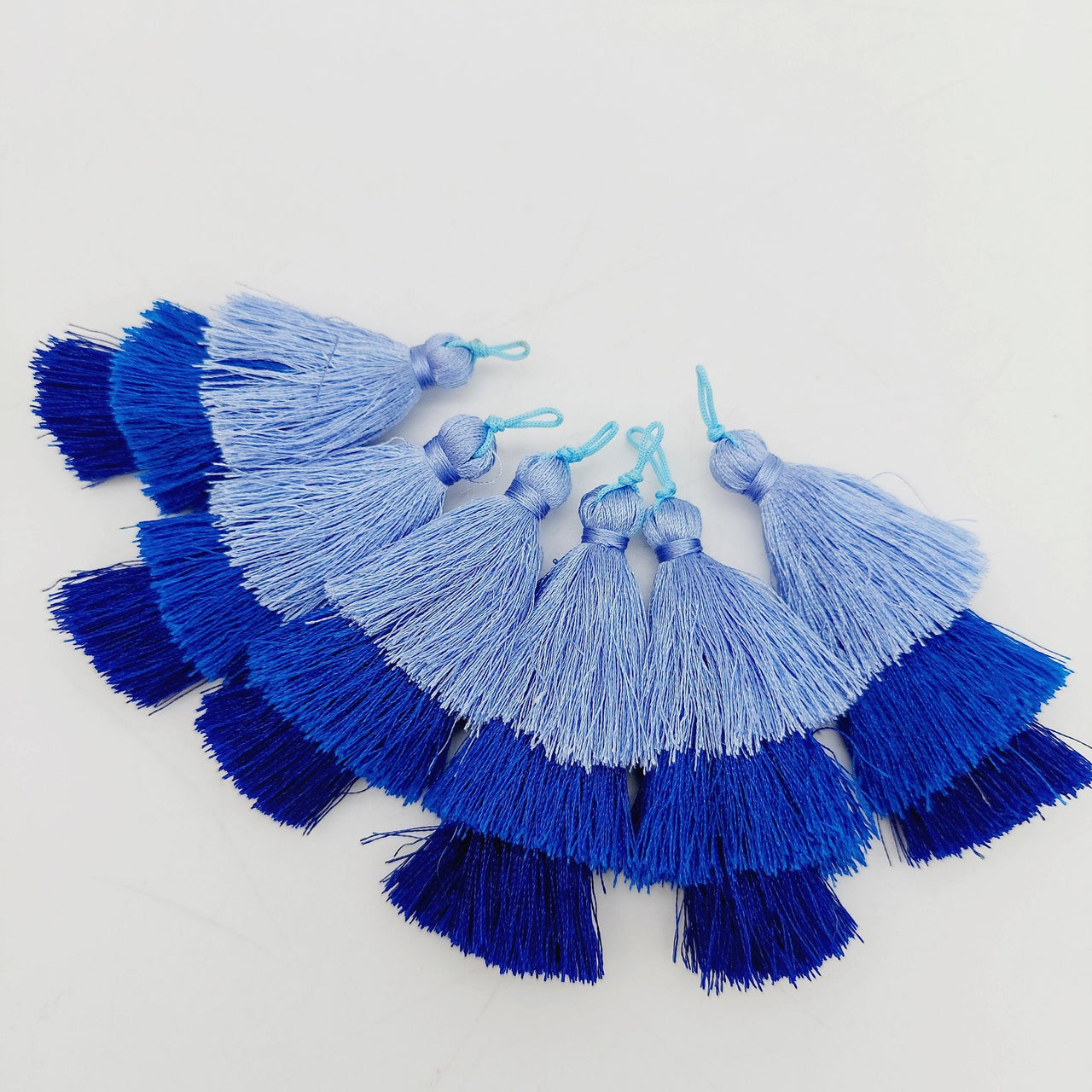 Blue Cotton Tassels in Three Layers, Tassel Charms, Tiered Tassels x 2