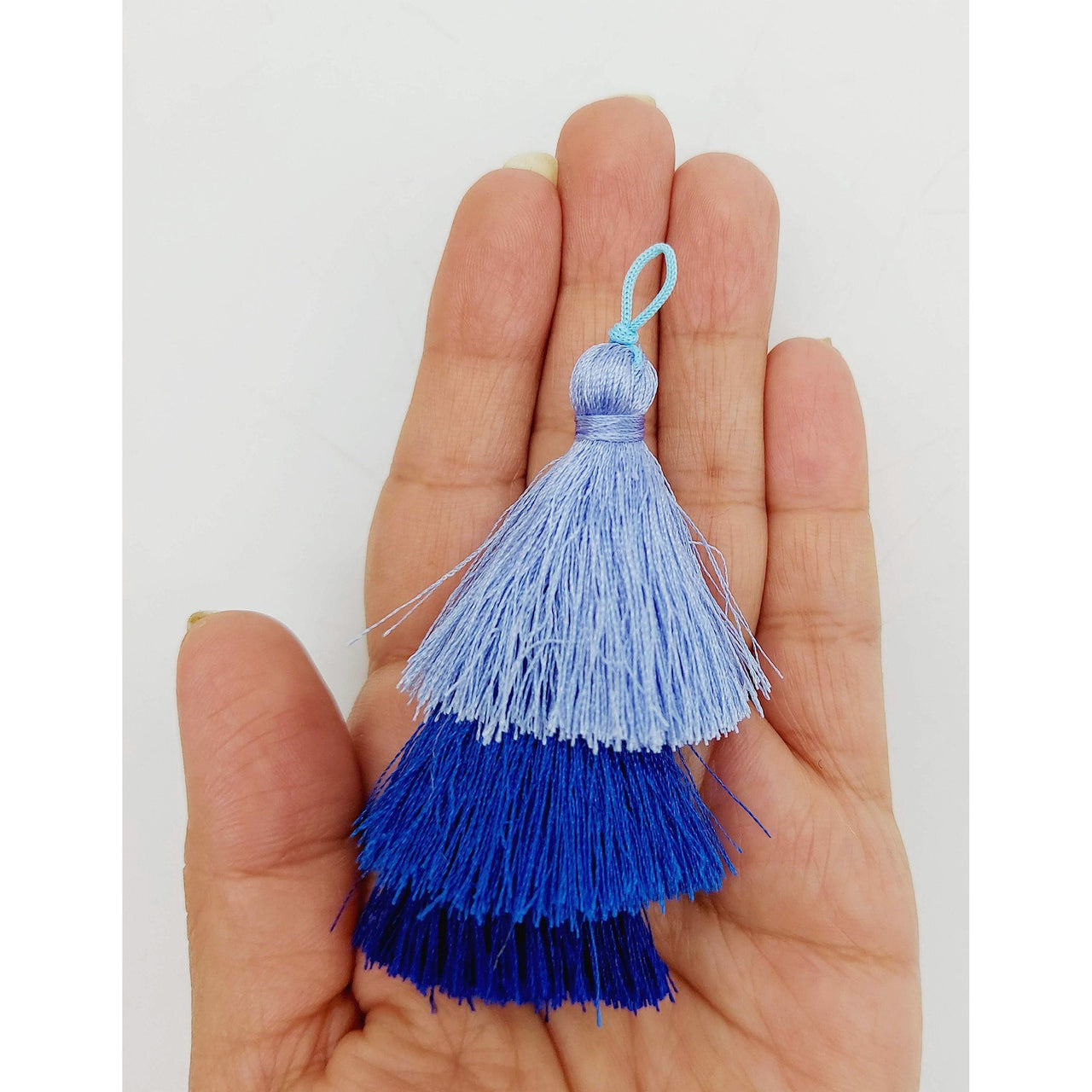 Blue Cotton Tassels in Three Layers, Tassel Charms, Tiered Tassels x 2