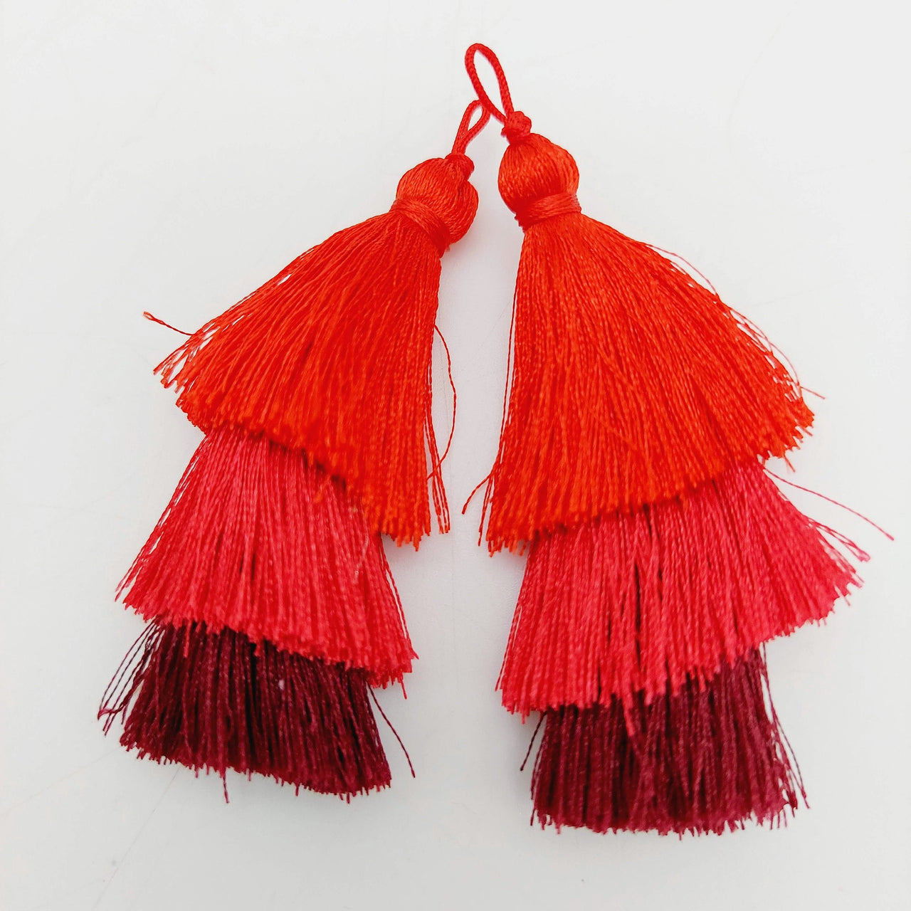 Red Cotton Tassels in Three Layers, Tassel Charms, Tiered Tassels x 2