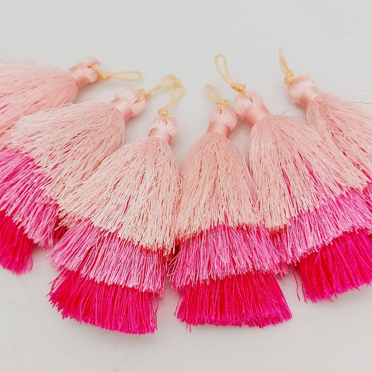 Pink Cotton Tassels in Three Layers, Tassel Charms, Tiered Tassels x 2