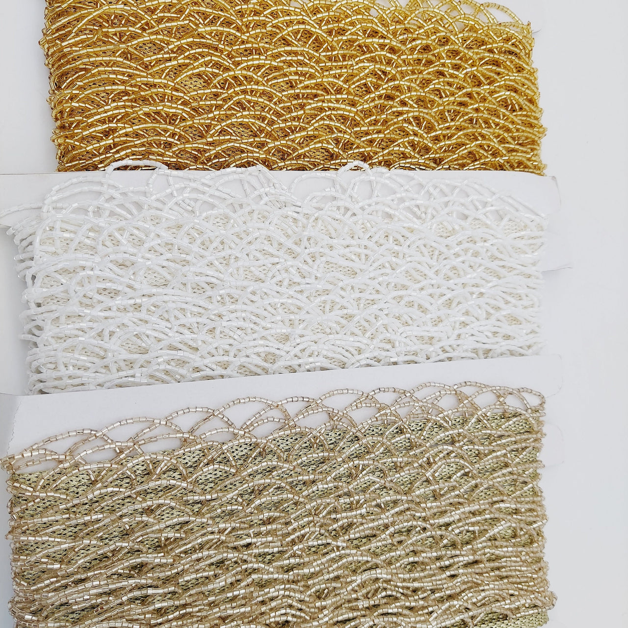 White Hand Embroidered Fringe Lace Trim With White Bugle Beads, Fringe Trim, Beaded Fringing