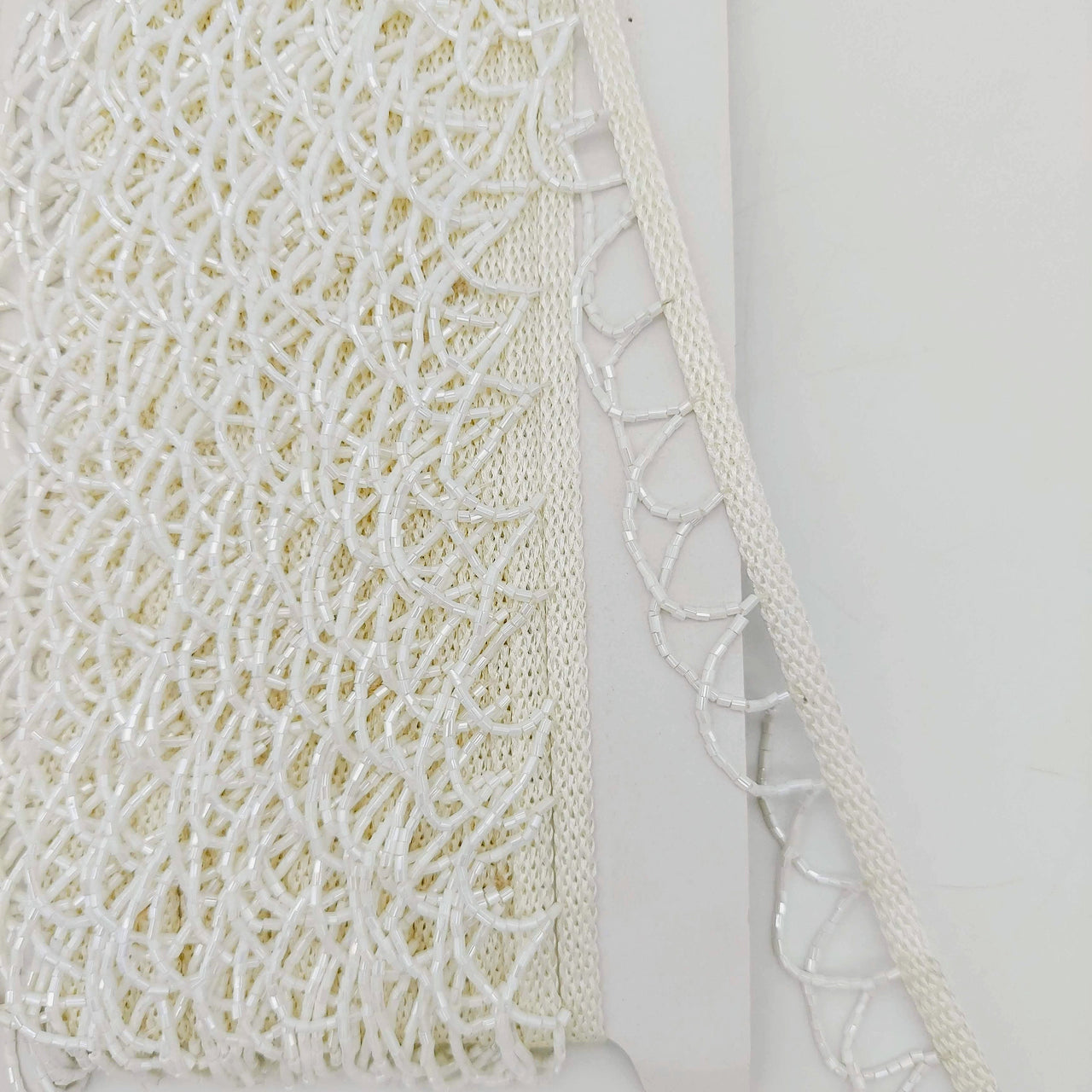 White Hand Embroidered Fringe Lace Trim With White Bugle Beads, Fringe Trim, Beaded Fringing