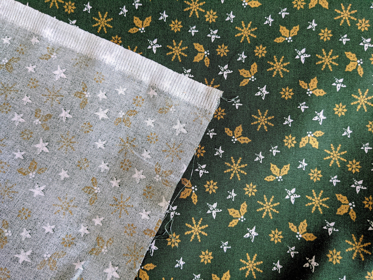 Green Cotton Holly Leaves Snowflakes Christmas Fabric, Festive Fabric, Holiday Fabric