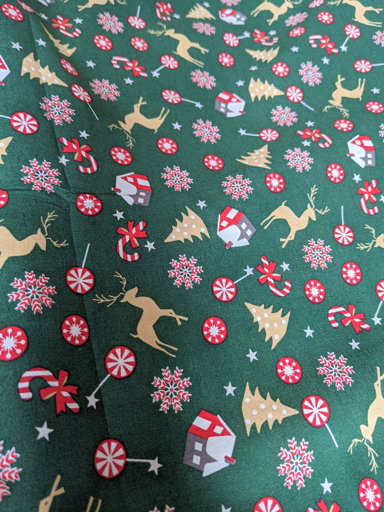 Bottle Green Christmas Trees Snowflakes Candy Cane and Reindeers 100% Cotton Christmas Fabric, Festive Fabric, Holiday Fabric
