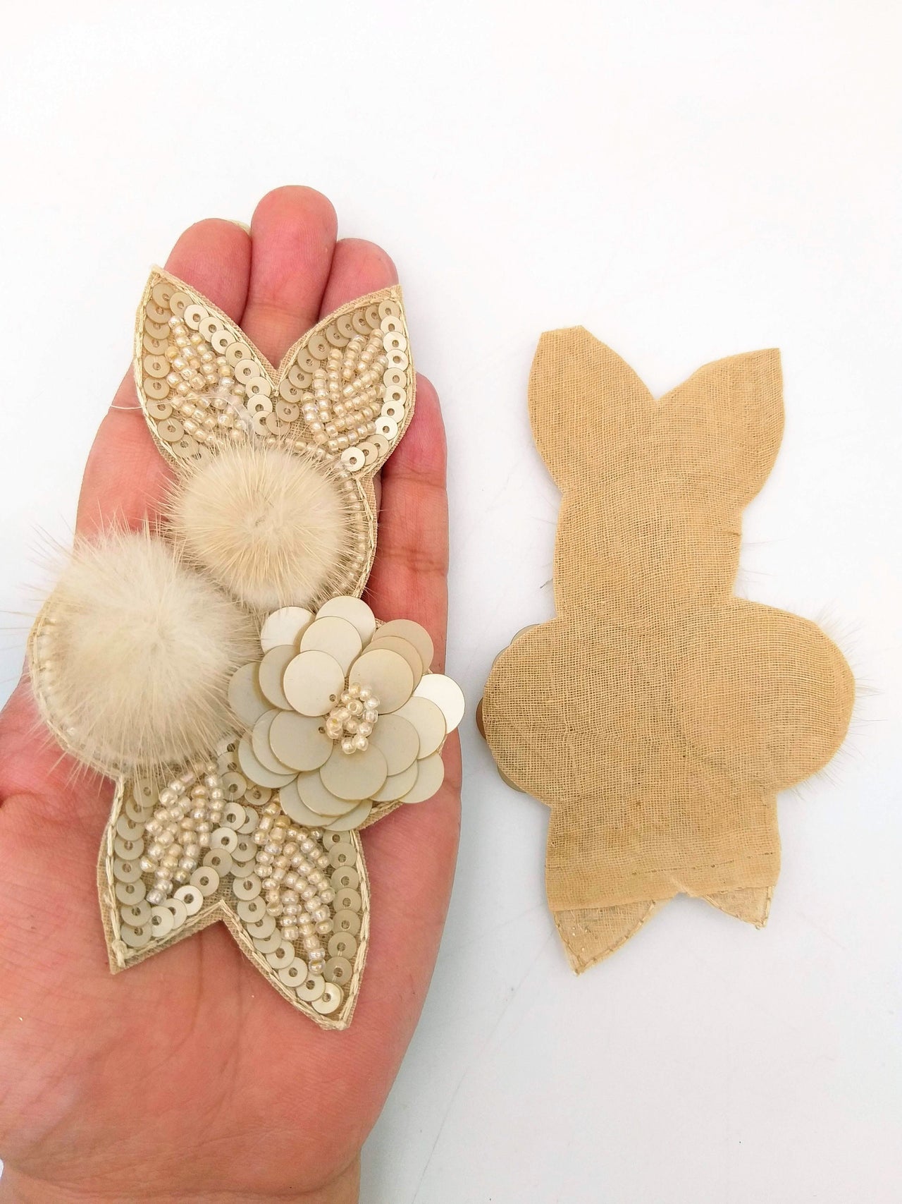 Beige Hand Embroidered Floral Applique, Beaded and Sequins Applique