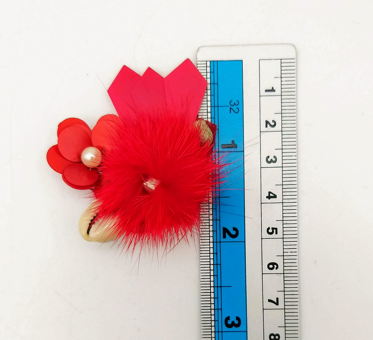 Hand Embroidered Red Applique With Cowrie Shell, Sequins,Pearl and Feather Pom Pom