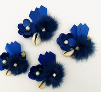 Thumbnail for Hand Embroidered Blue Applique With Cowrie Shell, Sequins,Pearl and Feather Pom Pom