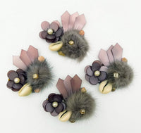 Thumbnail for Hand Embroidered Metallic Grey Applique With Cowrie Shell, Sequins,Pearl and Feather Pom Pom