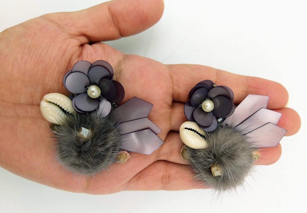 Hand Embroidered Metallic Grey Applique With Cowrie Shell, Sequins,Pearl and Feather Pom Pom