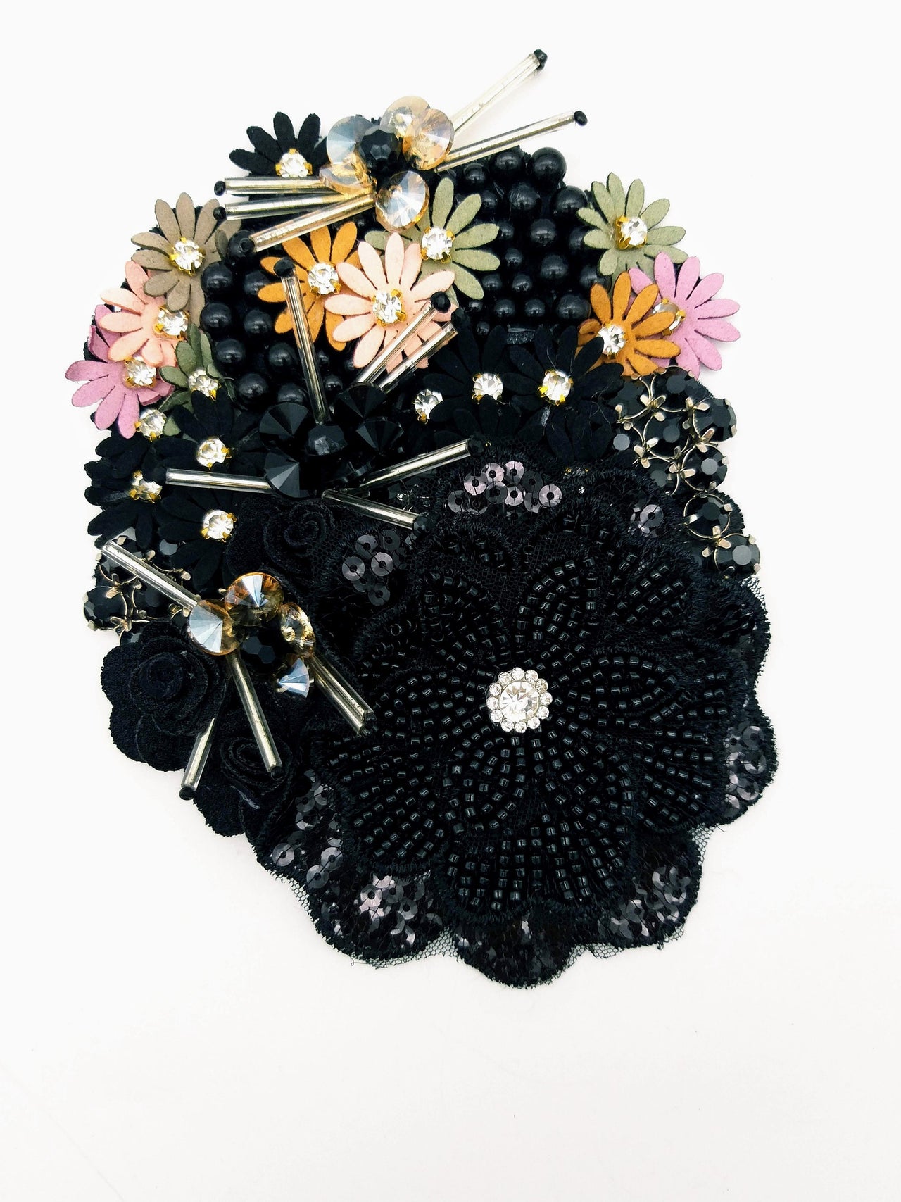 Black Hand Embroidered Floral Applique With Beads, Rhinestones,Bugle Beads