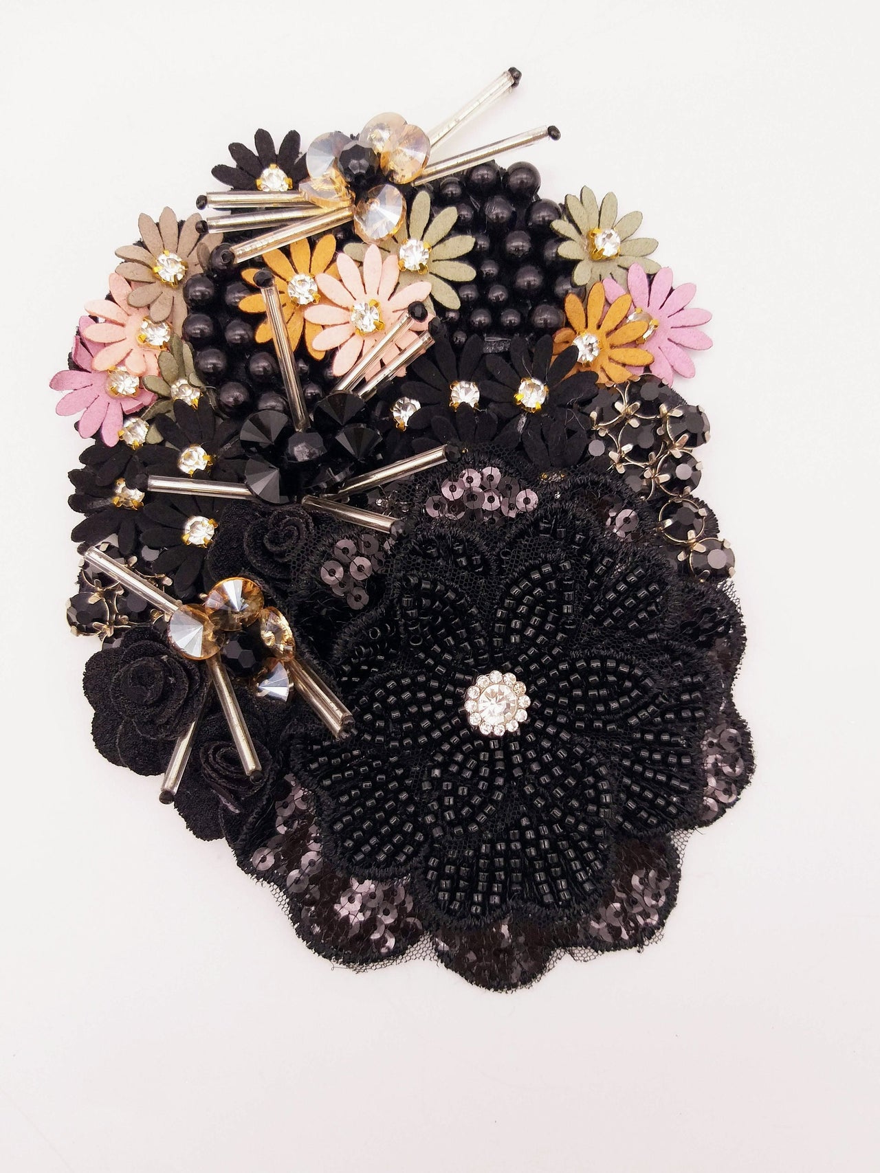 Black Hand Embroidered Floral Applique With Beads, Rhinestones,Bugle Beads
