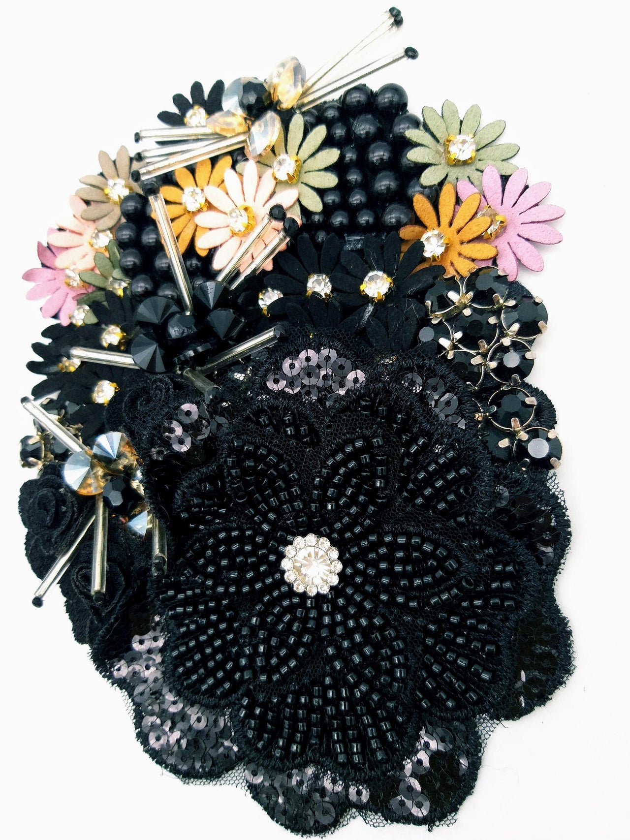 Black Hand Embroidered Floral Applique With Beads, Rhinestones,Bugle Beads