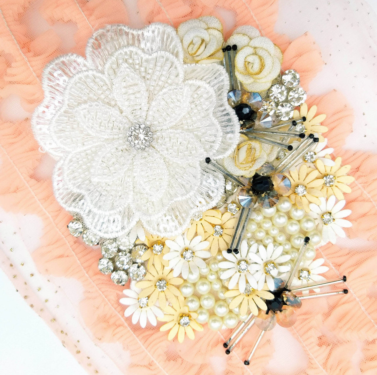 White Hand Embroidered Floral Applique With Beads, Rhinestones,Bugle Beads