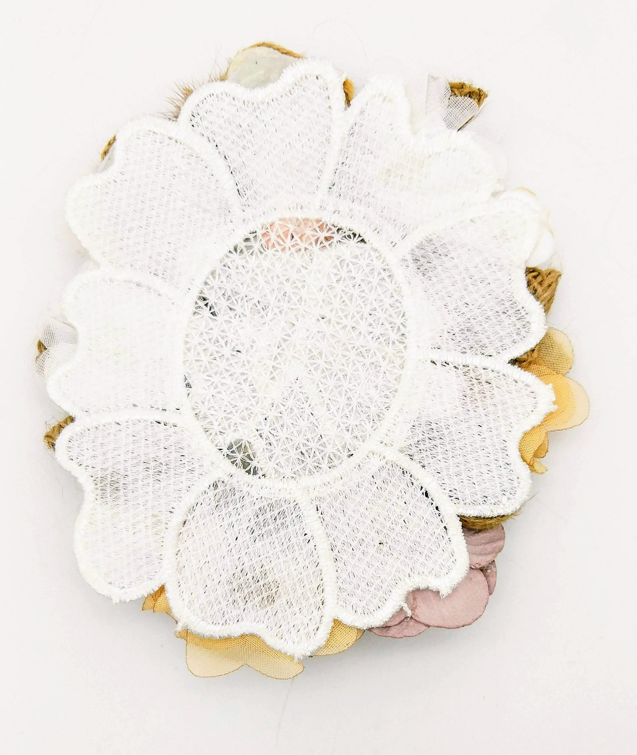 Handcrafted Jute Floral Applique in White, Mauve, Brown and Beige