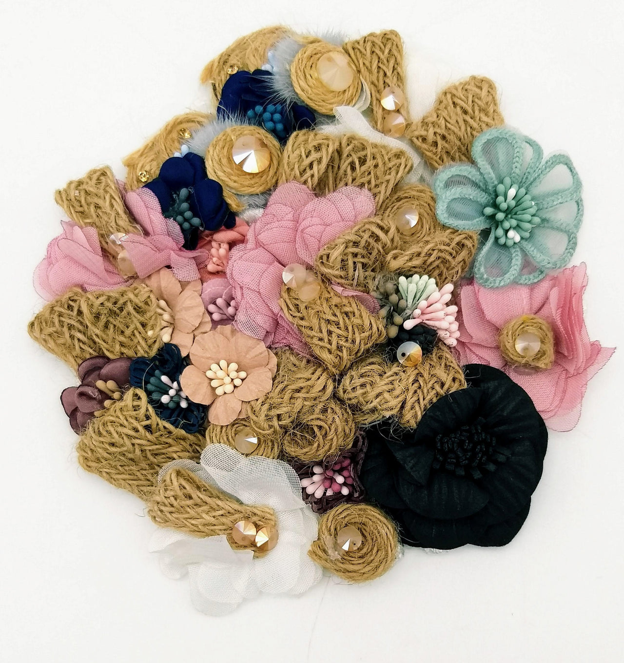 Handcrafted Jute Floral Applique in Pink, Black, Navy Blue and Teal Blue