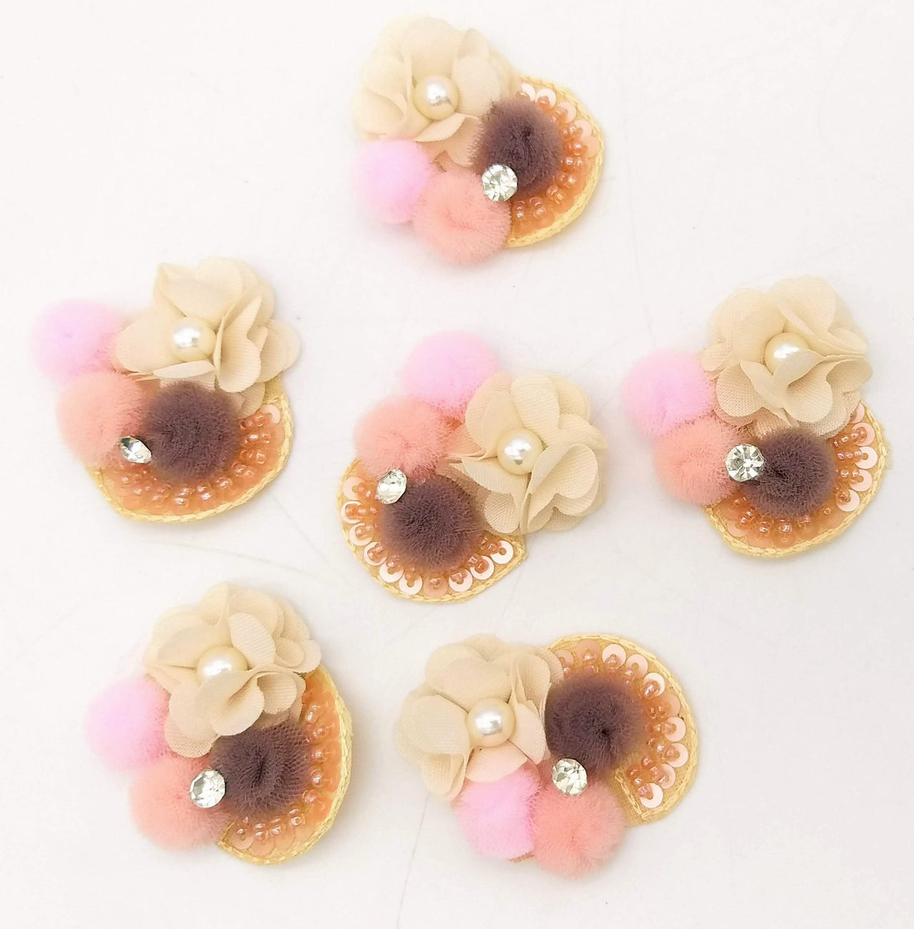 Hand Embroidered Beige and Pink Floral Applique, 2 Pcs