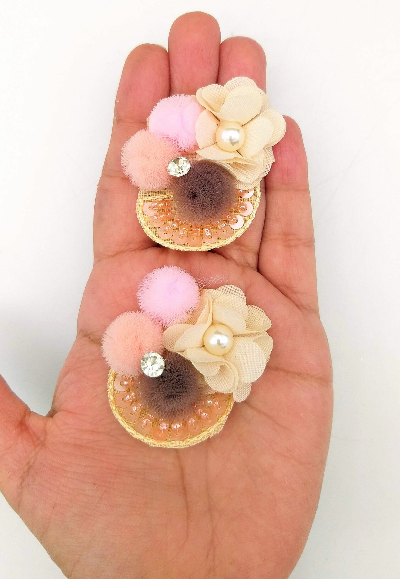 Hand Embroidered Beige and Pink Floral Applique, 2 Pcs