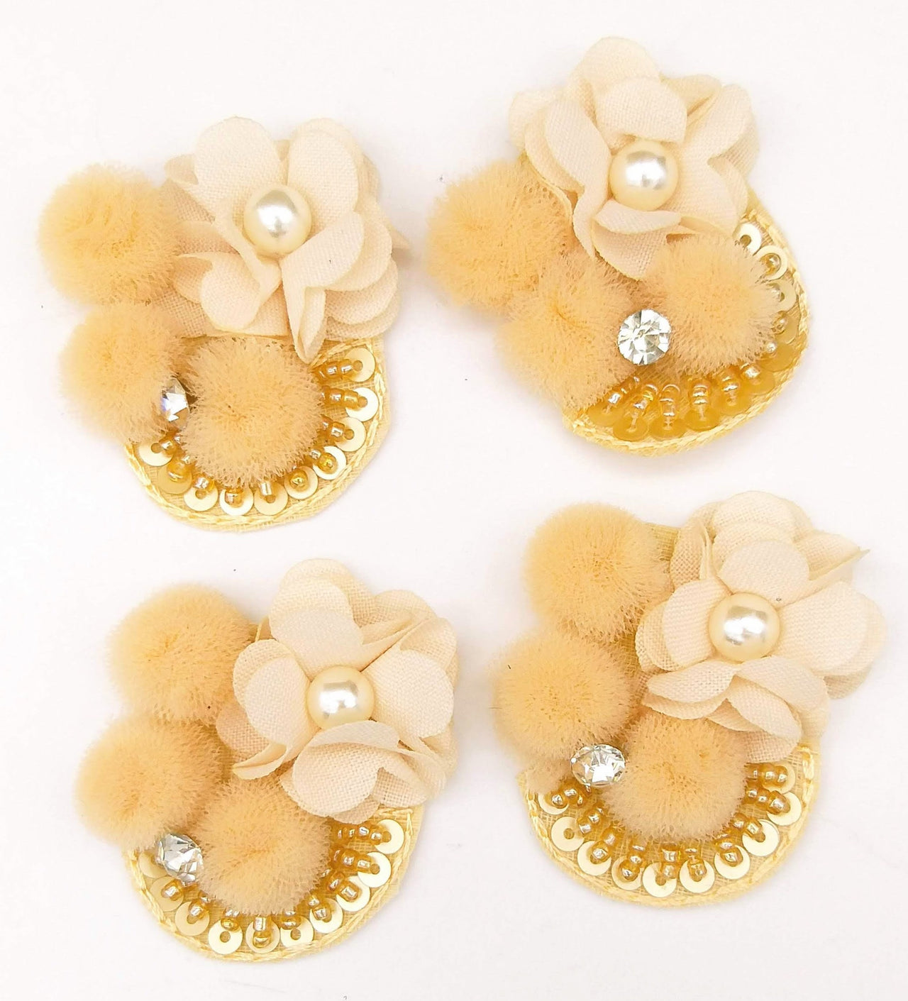 Hand Embroidered Beige And White Floral Applique, 2 Pcs