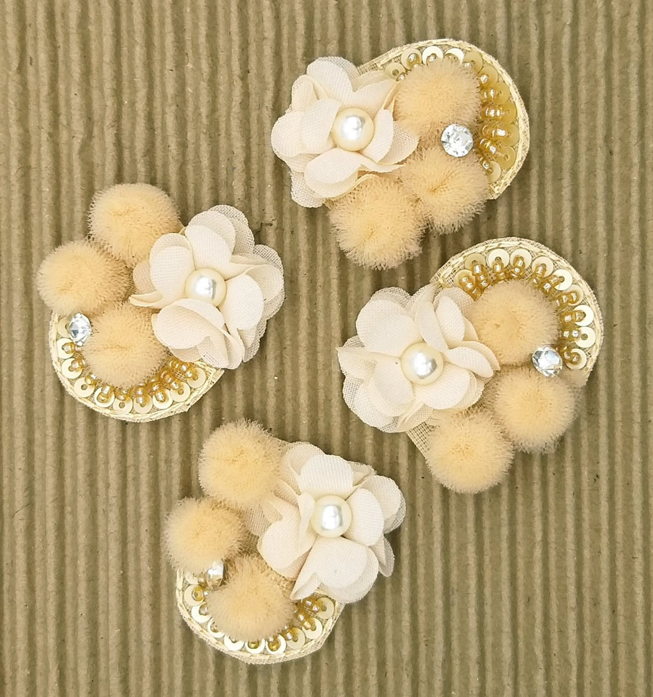 Hand Embroidered Beige And White Floral Applique, 2 Pcs