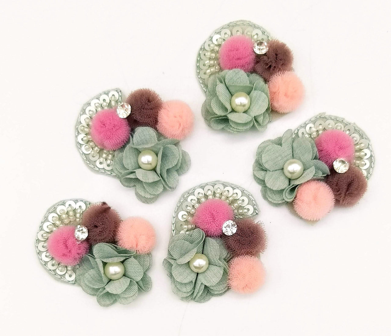 Hand Embroidered Teal Green And Pink Floral Applique, 2 Pcs