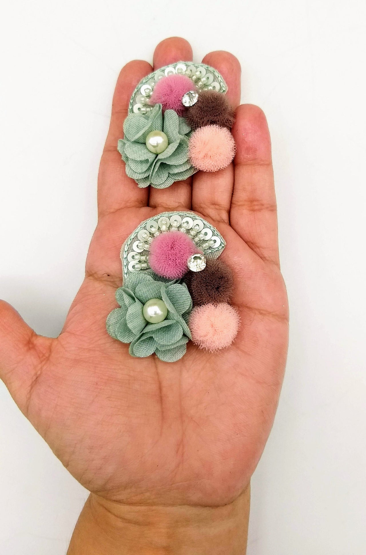 Hand Embroidered Teal Green And Pink Floral Applique, 2 Pcs
