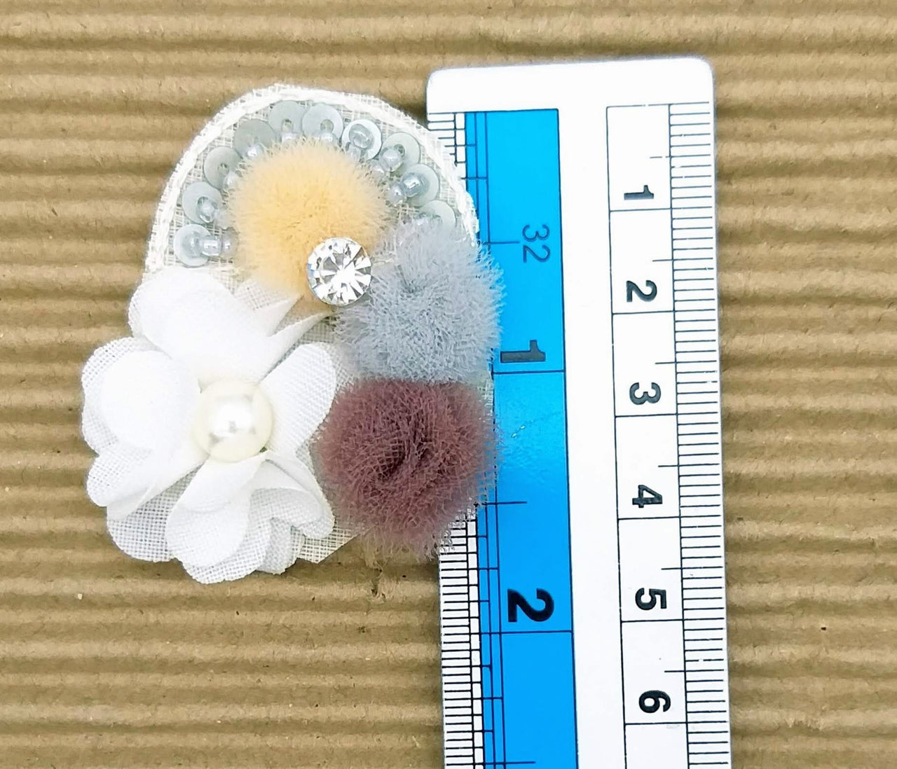 Hand Embroidered White, Grey And Brown Floral Applique, 2 Pcs
