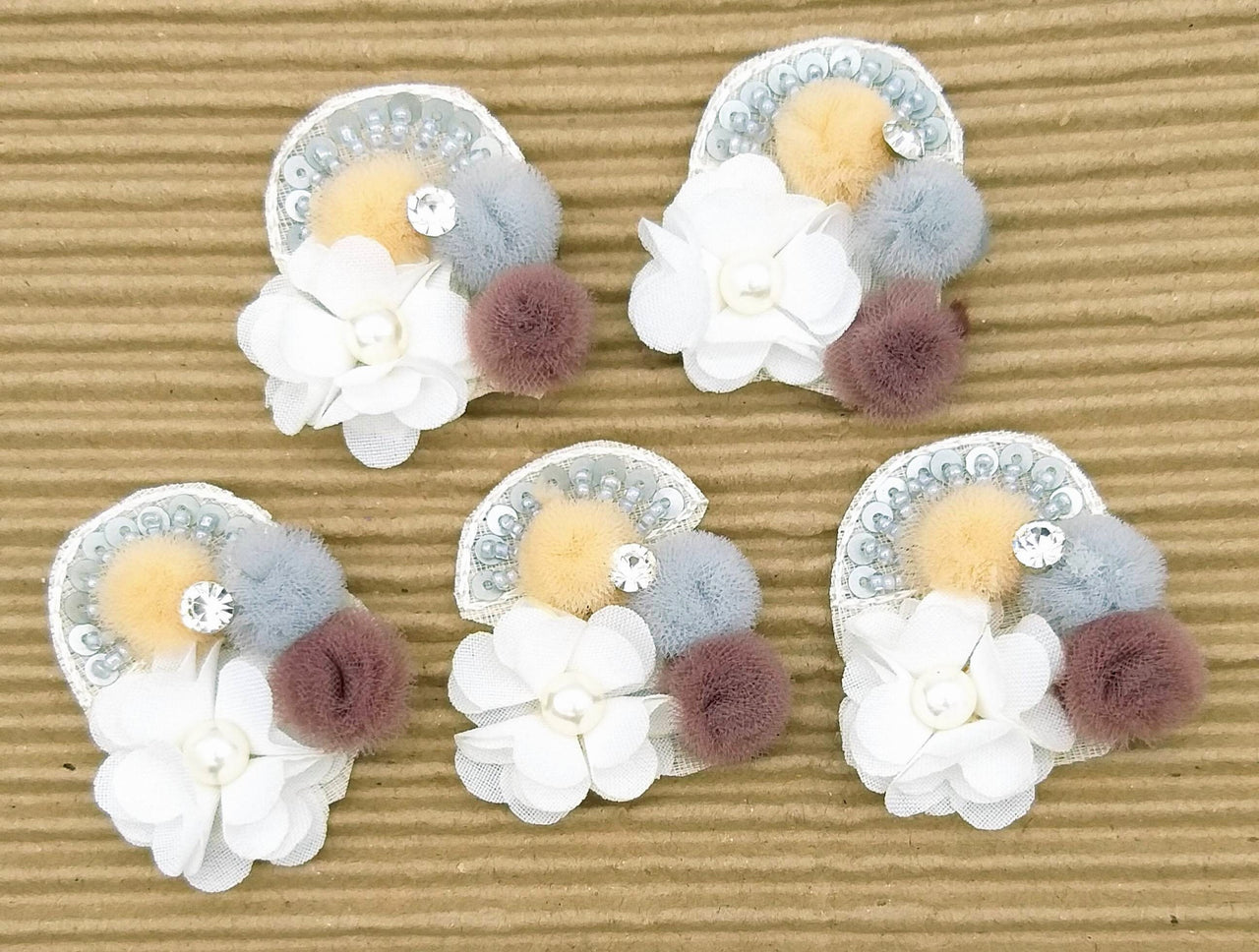 Hand Embroidered White, Grey And Brown Floral Applique, 2 Pcs