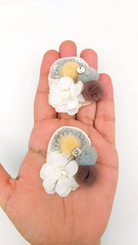 Thumbnail for Hand Embroidered White, Grey And Brown Floral Applique, 2 Pcs