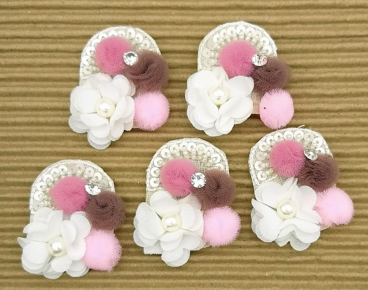 Hand Embroidered White, Pink And Brown Floral Applique, 2 Pcs