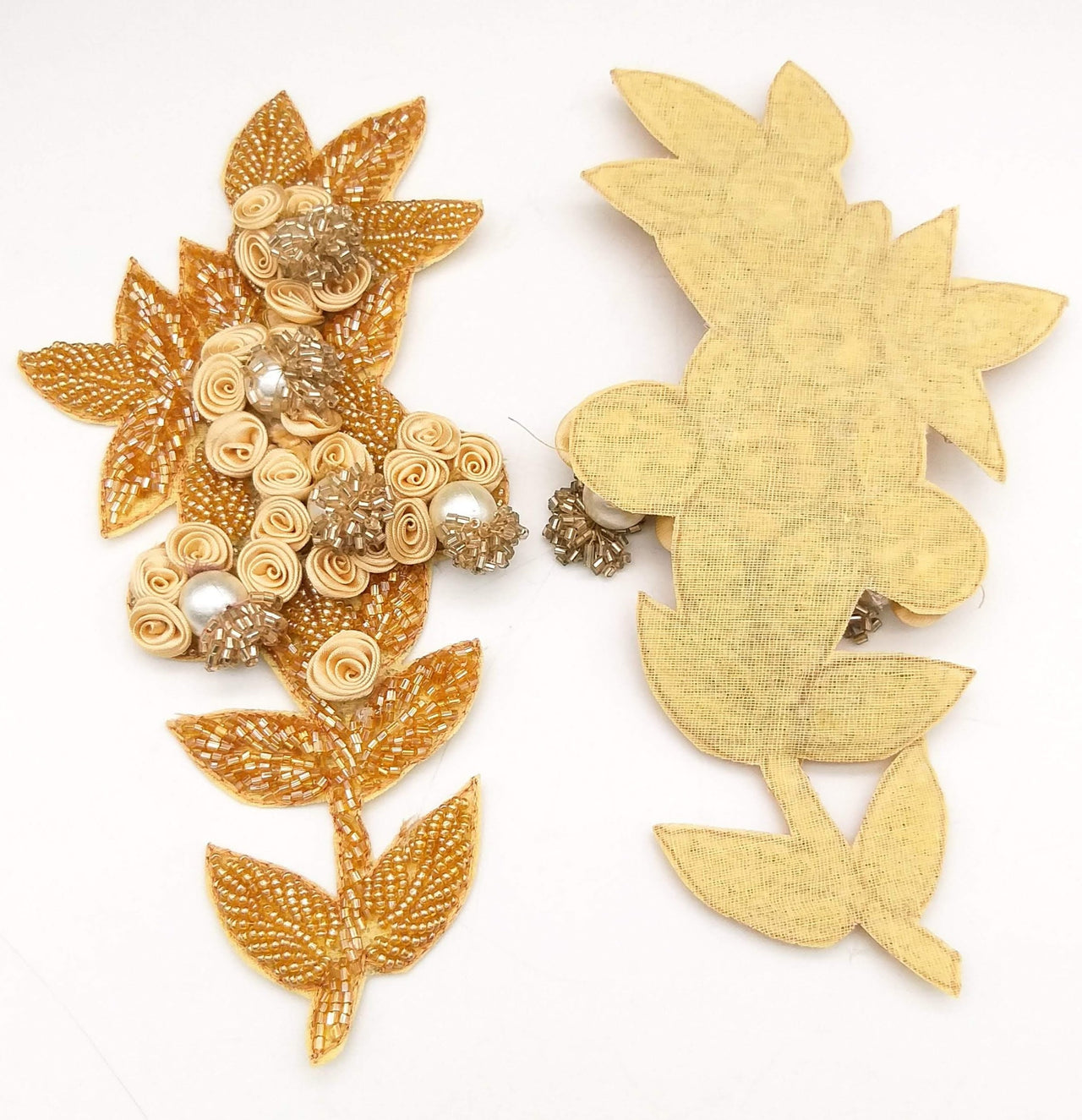 Yellow Hand Embroidered Floral Applique, Beaded Floral Motif