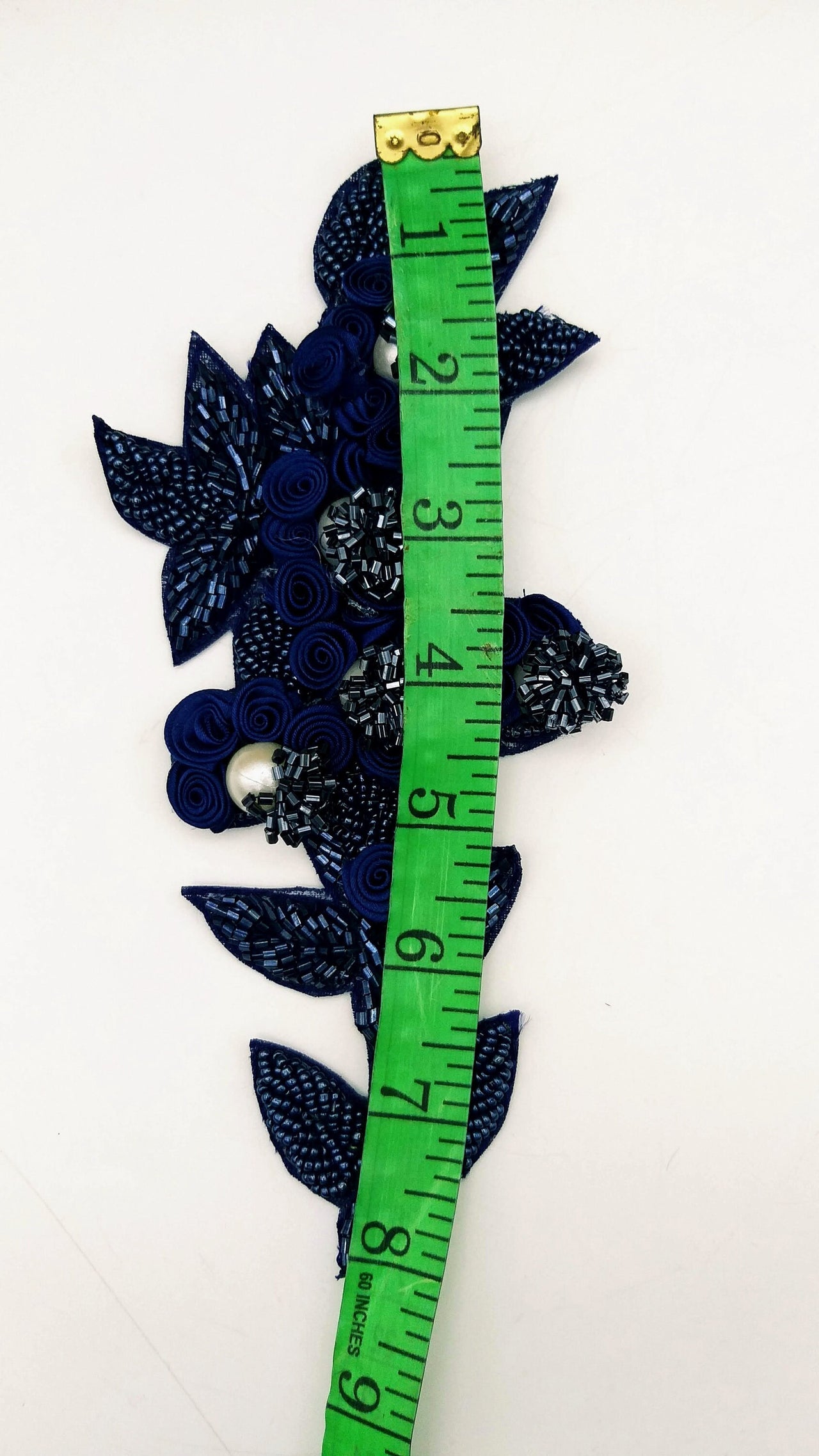 Navy Blue Hand Embroidered Floral Applique, Beaded Floral Motif