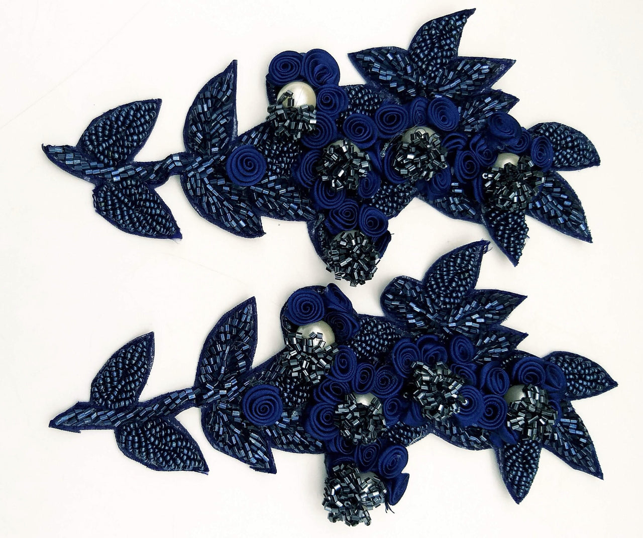 Navy Blue Hand Embroidered Floral Applique, Beaded Floral Motif