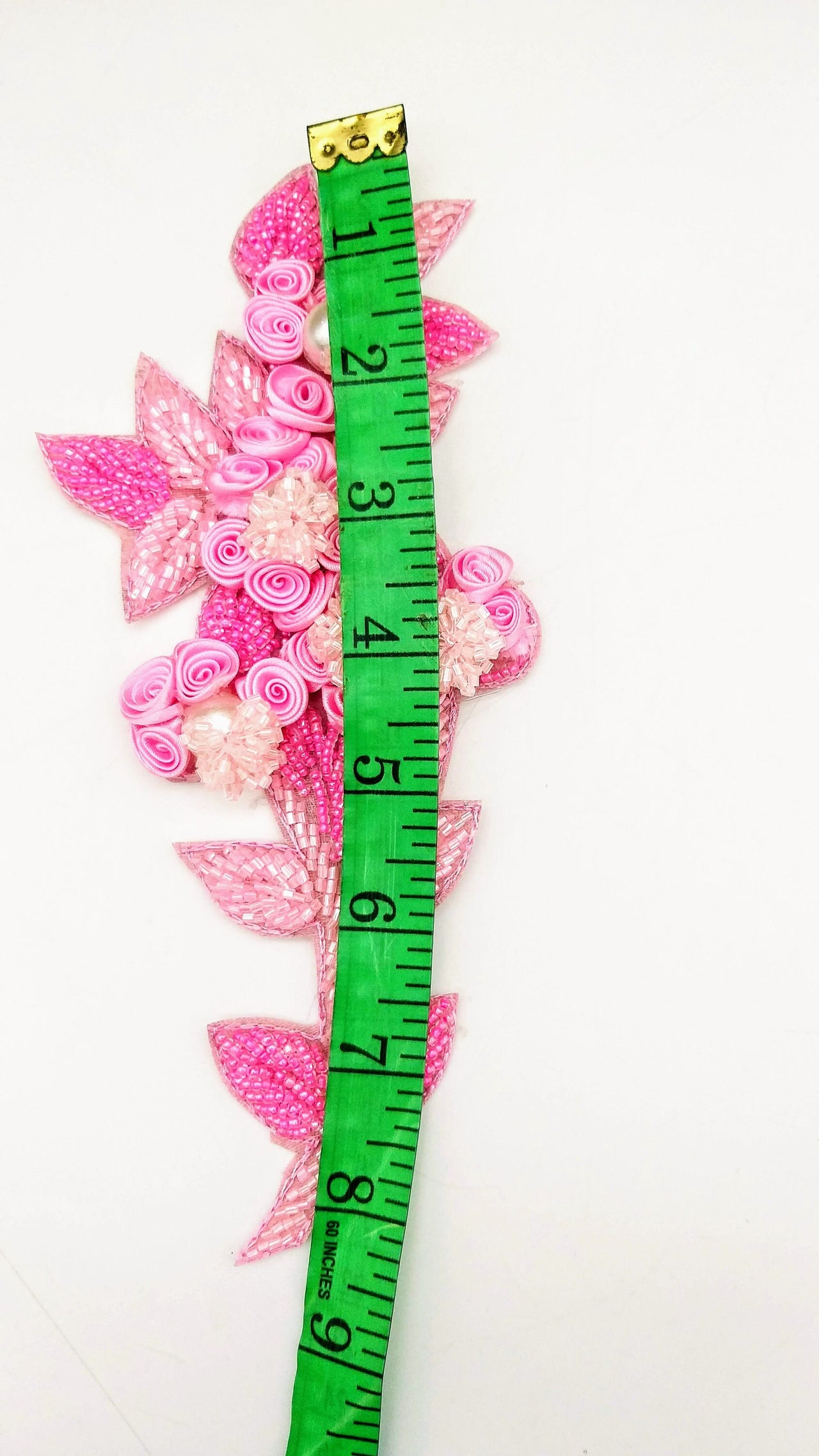 Pink Hand Embroidered Floral Applique, Beaded Floral Motif
